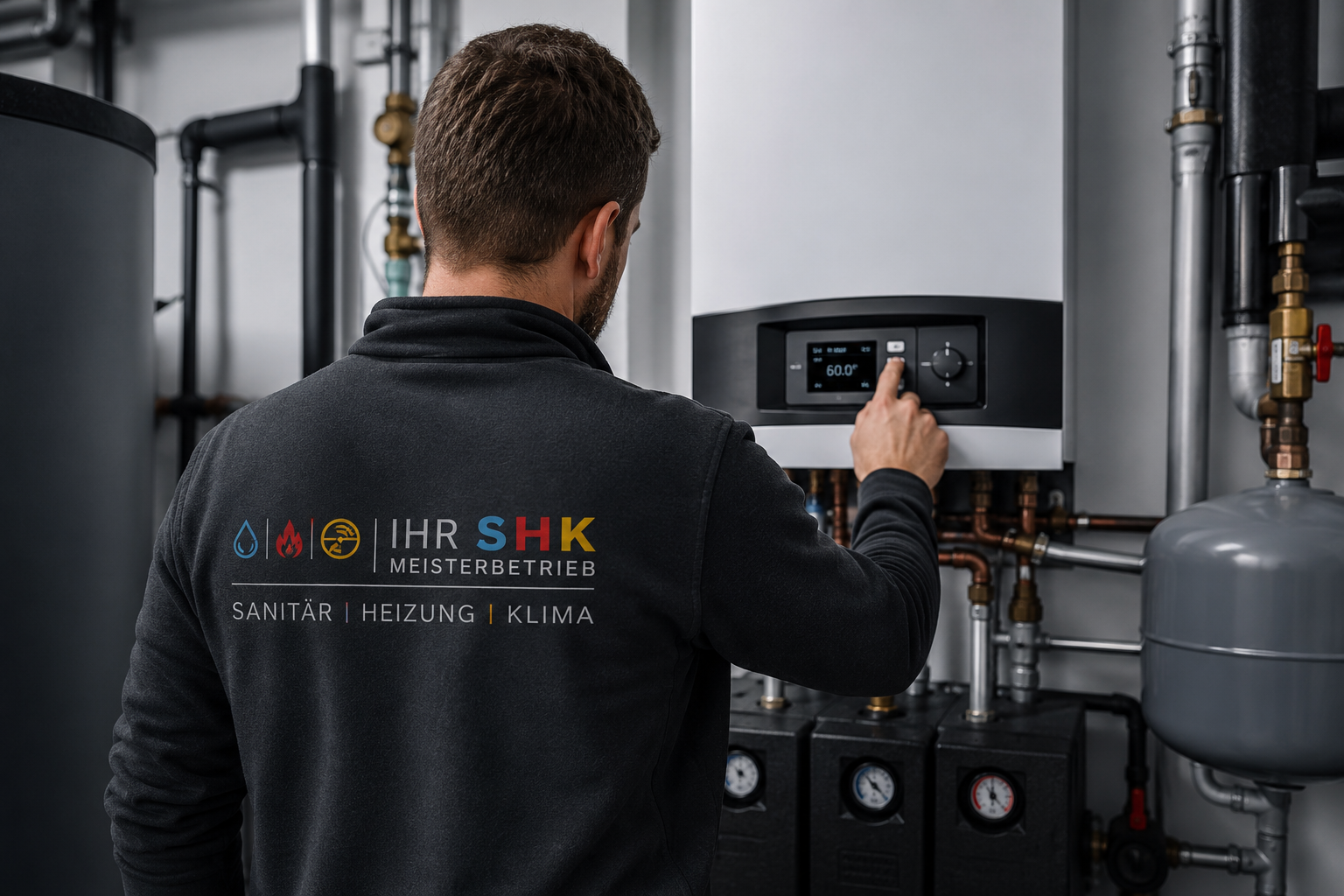 Handwerker bei der Arbeit an einer modernen Heizungsanlage